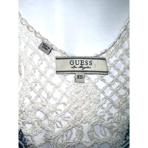 Guess Los Angeles XS Blue White Crochet Sleeveless Tank Top Button Front V Neck - Picture 4 of 7